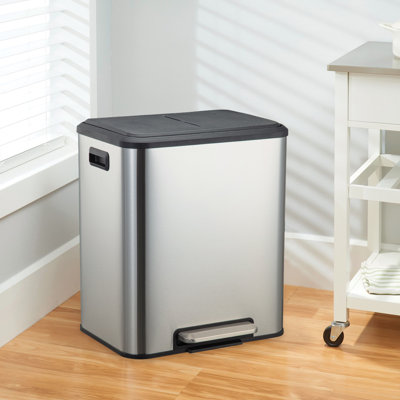 Poubelle de cuisine à double compartiment en acier inoxydable - poubelle de recyclage 2 x 4 gallons (2 x 15 L) avec pédale à fermeture douce, seaux amovibles et finition résistante aux taches pour la maison ou le bureau