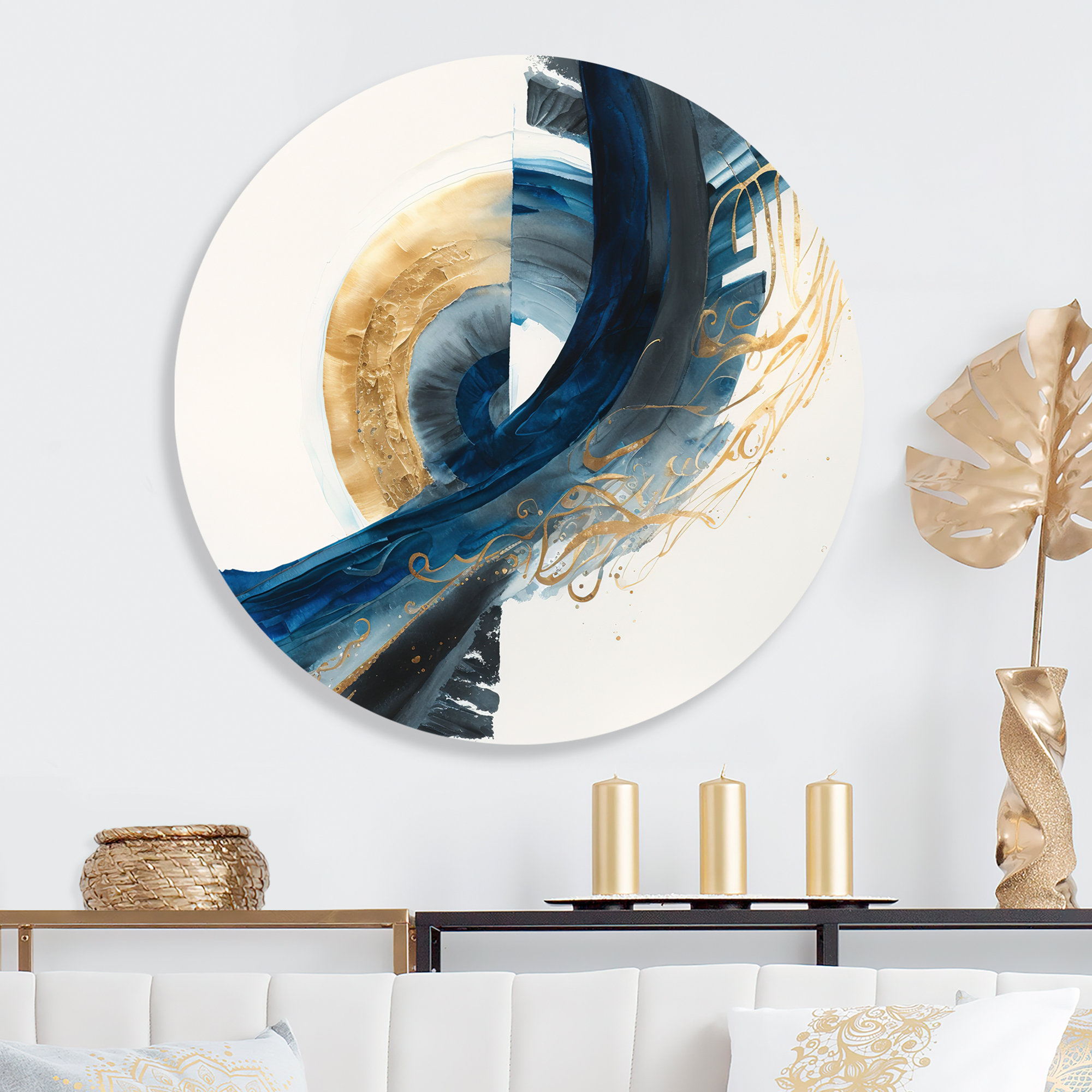 Mercer41 Blue And Gold Swirl Abstract VI On Metal Circle Print | Wayfair