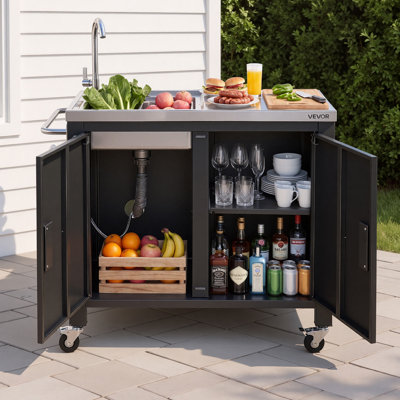 Outdoor Grill Cart with Sink and Storage Cabinet, 38 Inch Grill Table, Waterproof Kitchen Island with Stainless Steel Top, Spice Rack, Wheel, Movable Food Prep Station for Patio Bar Backyard BBQ