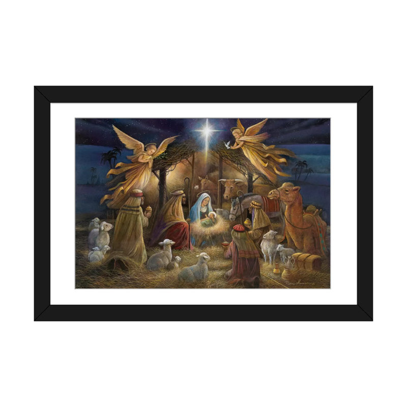 Nativité par Ruane Manning - reproduction sur toile tendue, H 16 po x l 24 po x P 1 po, Papier avec cadre noir, Blanc