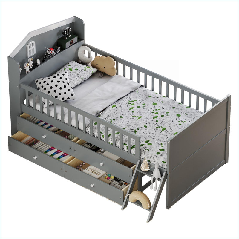 Lit plateforme simple en bois massif gris classique avec rangement à 4 tiroirs, barrière de sécurité pour chambre d'enfant