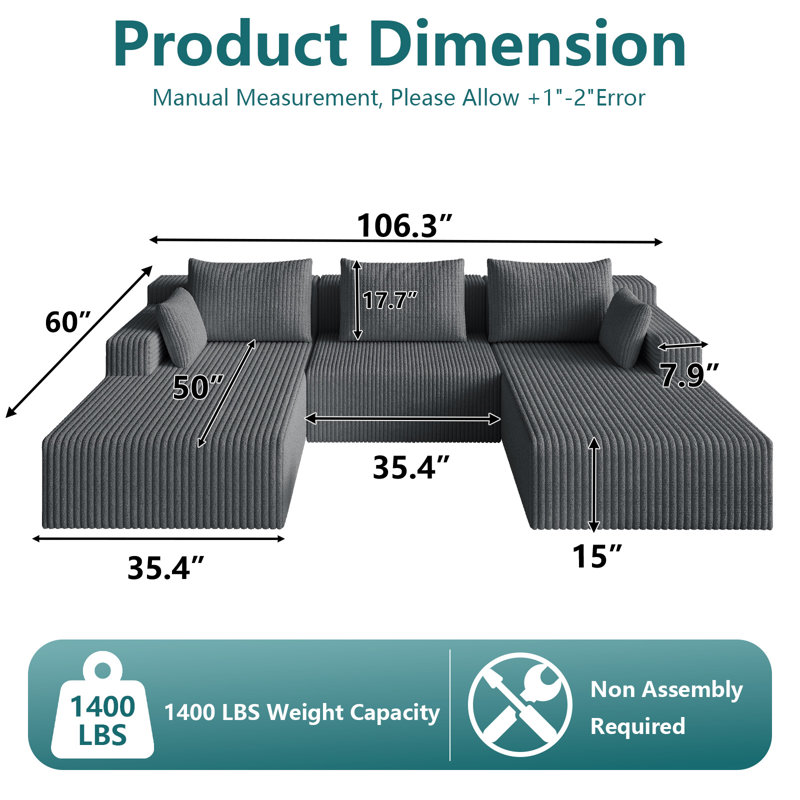 Canapé modulaire en os surdimensionné avec méridienne en velours côtelé avec siège profond 107 "Boneless, Gris foncé