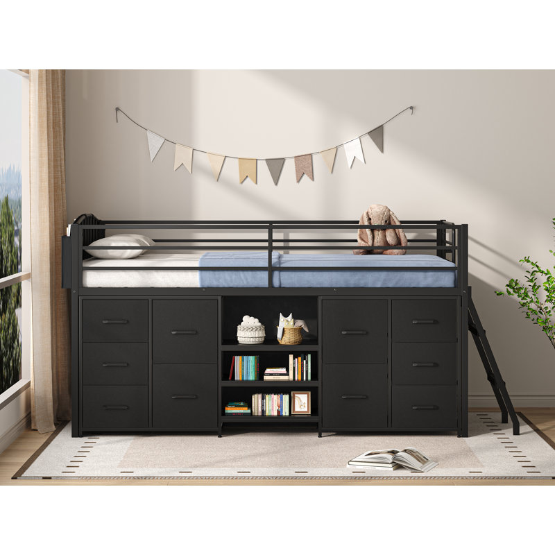 Lit mezzanine simple pour enfant avec éclairage à DEL, 10 tiroirs et 3 tablettes ouvertes pour enfants, Noir