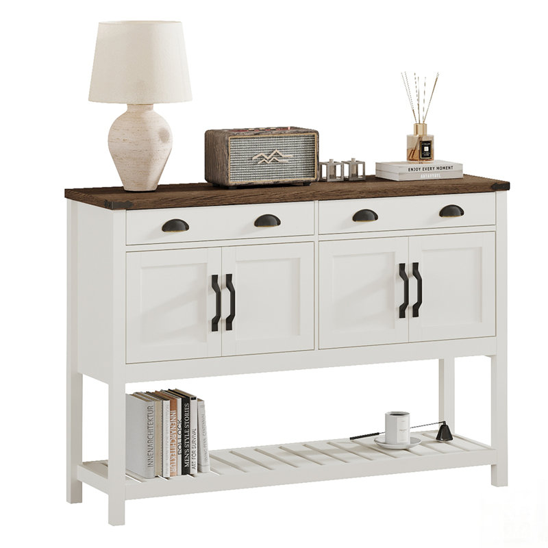 Console Modern Farmhouse avec deux tiroirs, armoire à quatre portes, tablettes réglables et tablette de présentation à lattes