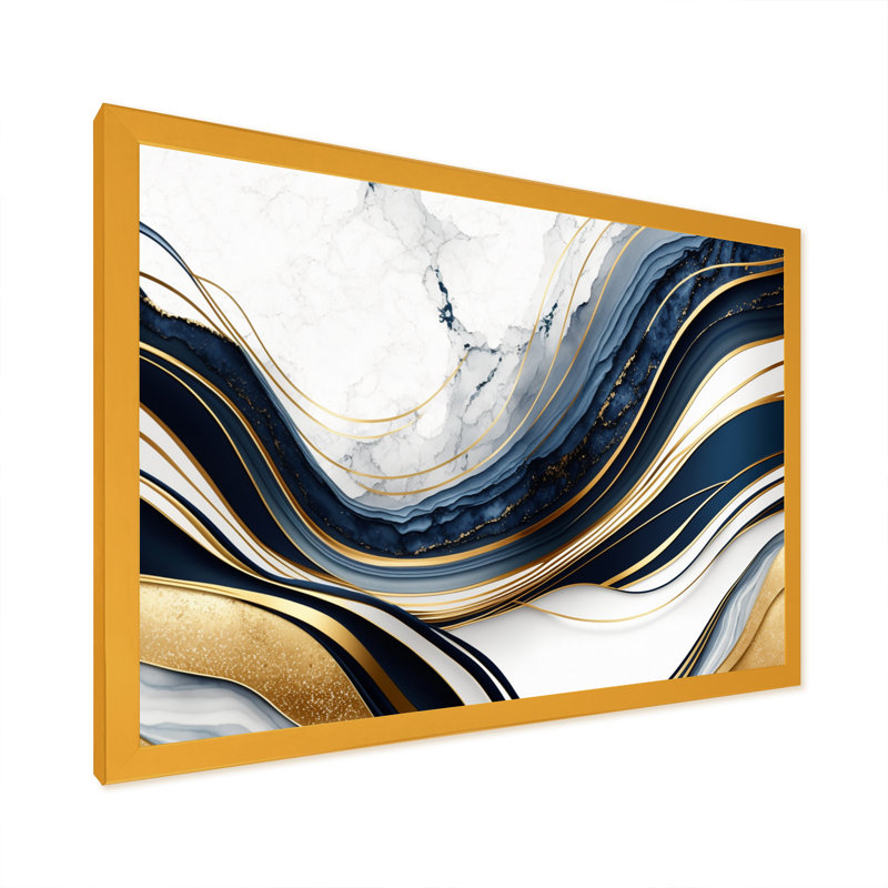 «Abstract Geode Waves Blue and Gold III», reproduction sur toile abstraite, Cadre doré simple, L 20 po x H 12 po