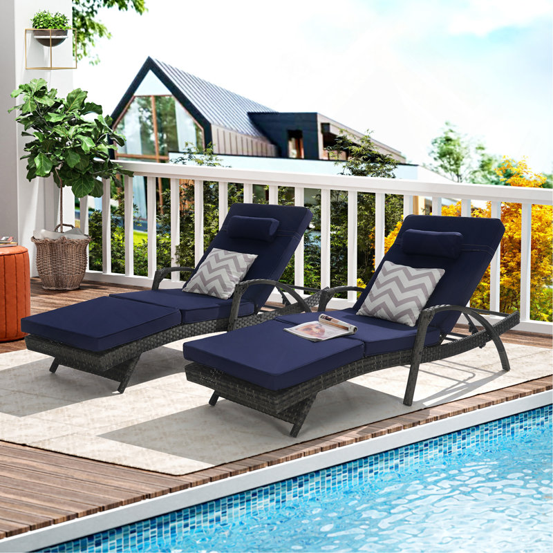 Ensemble de 2 chaises longues d'extérieur inclinables avec coussins et chaises longues inclinables, Bleu foncé