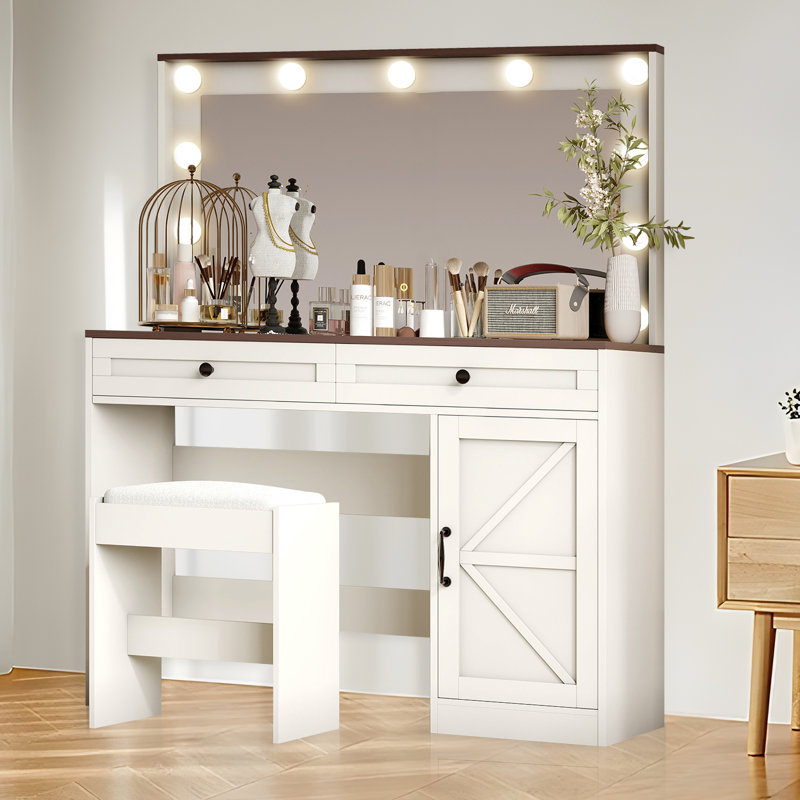 Coiffeuse à maquillage réglable 43,4 "avec grand miroir et 3 tiroirs - Élégante coiffeuse, Blanc