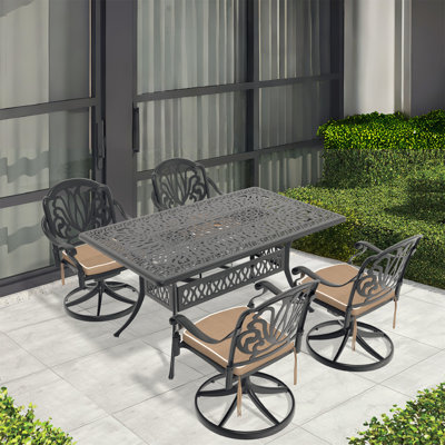 All-Weather Cast Aluminum Dining Set with Swivel Chairs and Rectangular Table for Outdoor Enjoyment