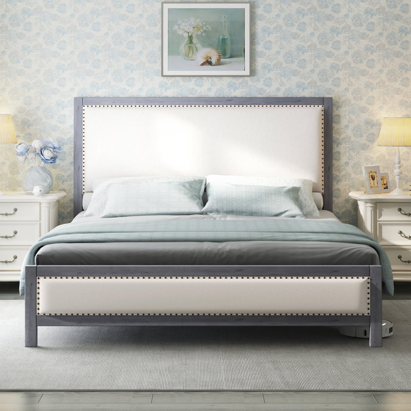 Solid Wood Platform Bed with Linen & Nailhead Trim, Gray, Full / Double