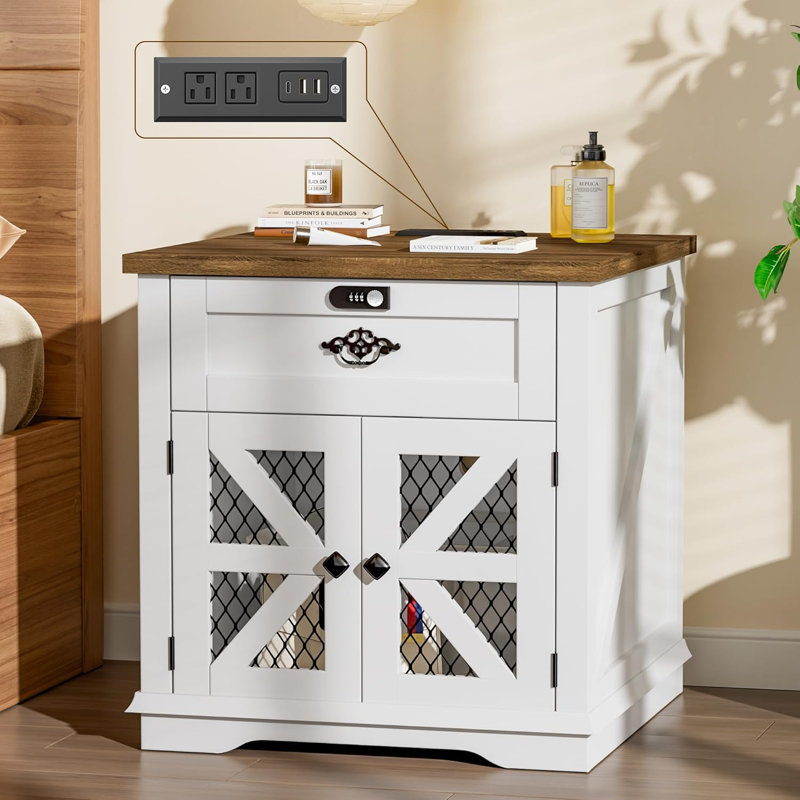 Farmhouse Nightstand Side Table with Chargers, 24” Side Table with Drawer Combination Lock and Wire Barn Door, White