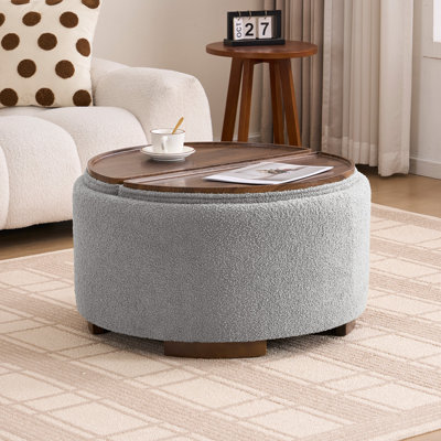 Modern Round Storage Ottoman with Half-half Split Wooden Tray