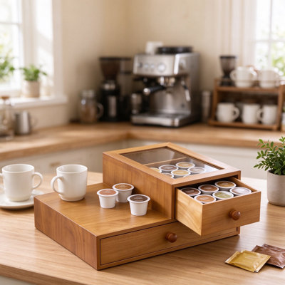 Wooden Coffee Pod Organizer Storage Box with Clear Acrylic Lid and Two Drawers, Natural Paulownia Wood Countertop Coffee Station for Pods, Tea Bags and Accessories