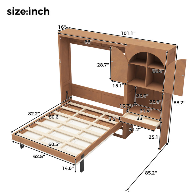 Lit escamotable avec armoire réversible, tiroir et éclairage DEL, Walnut