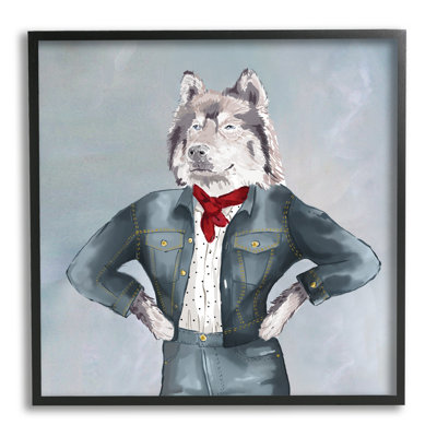 Tendance de loup tendance en denim - Animal à la mode - Peinture sur bois avec cadre flottant
