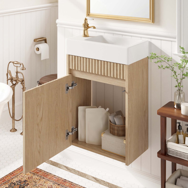 Meuble-lavabo flottant de 15,7 po avec lavabo SMC réversible, armoire en panneau de fibres à densité moyenne à devant ondulé, conception à pousser sans ouverture, charnières à fermeture en douceur