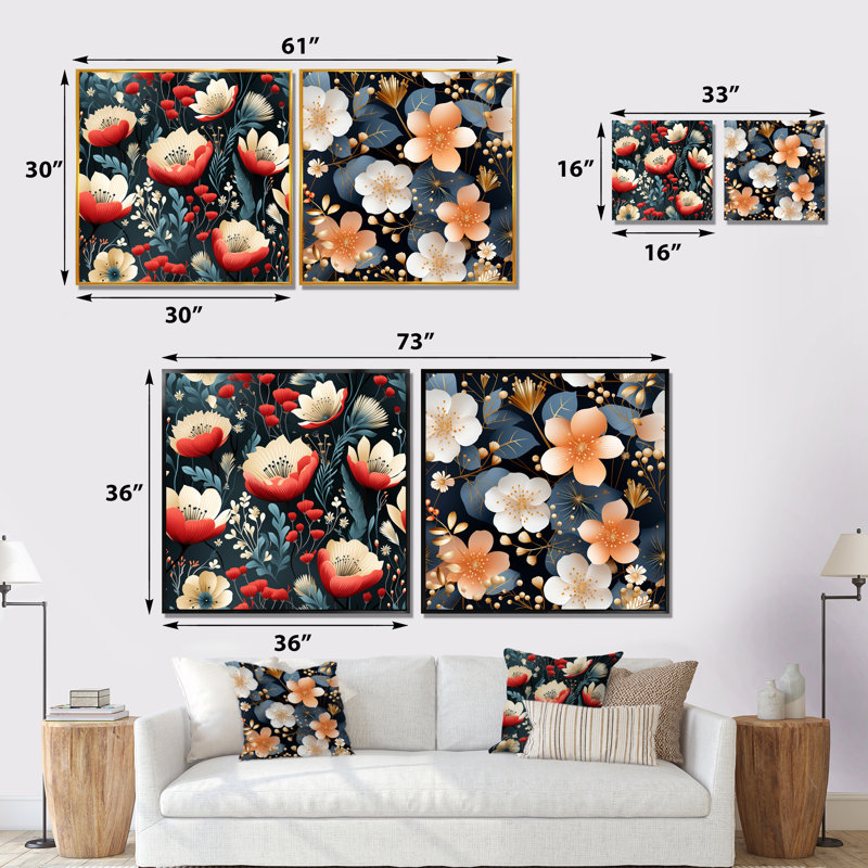 Elona - Ensemble de 2 décorations murales florales, Toile tendue, H 16 po x l 33 po x P 1 po