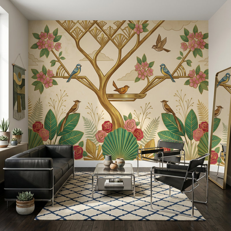 Décoration murale art déco art floral oiseaux amovibles, Texturé non collé, 100 po x 96 po