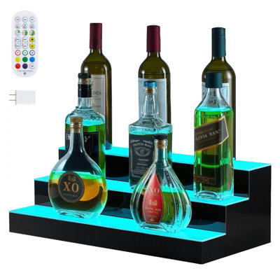LED Lighted Liquor Bottle Display, 3 Tiers 20 Inches Whiskey Rack, Supports USB, Illuminated Home Bar Shelf with RF Remote & App Control, 9 Static Col by Ivy Bronx