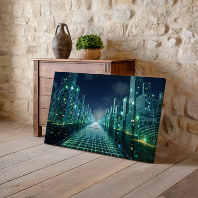 Toile d'un paysage urbain futuriste la nuit avec des gratte-ciels imposants, rendu dans un art mural aux nuances vibrantes de vert et de bleu, ajoutant un art mural sur toile