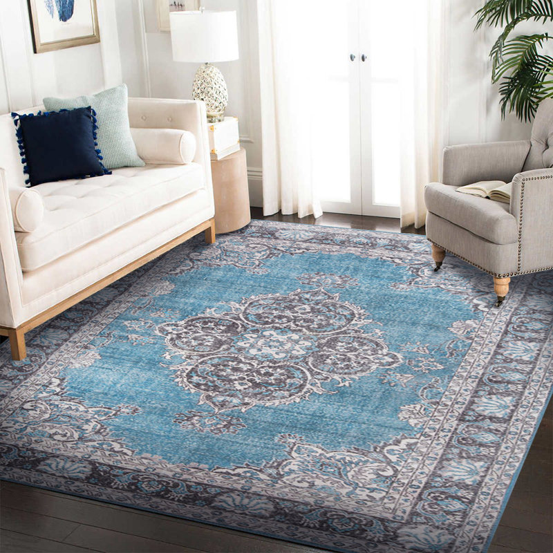 Tapis décoratif bleu à motif tissé rétro, Rectangle 4 pi 8 po x 6 pi 3 po