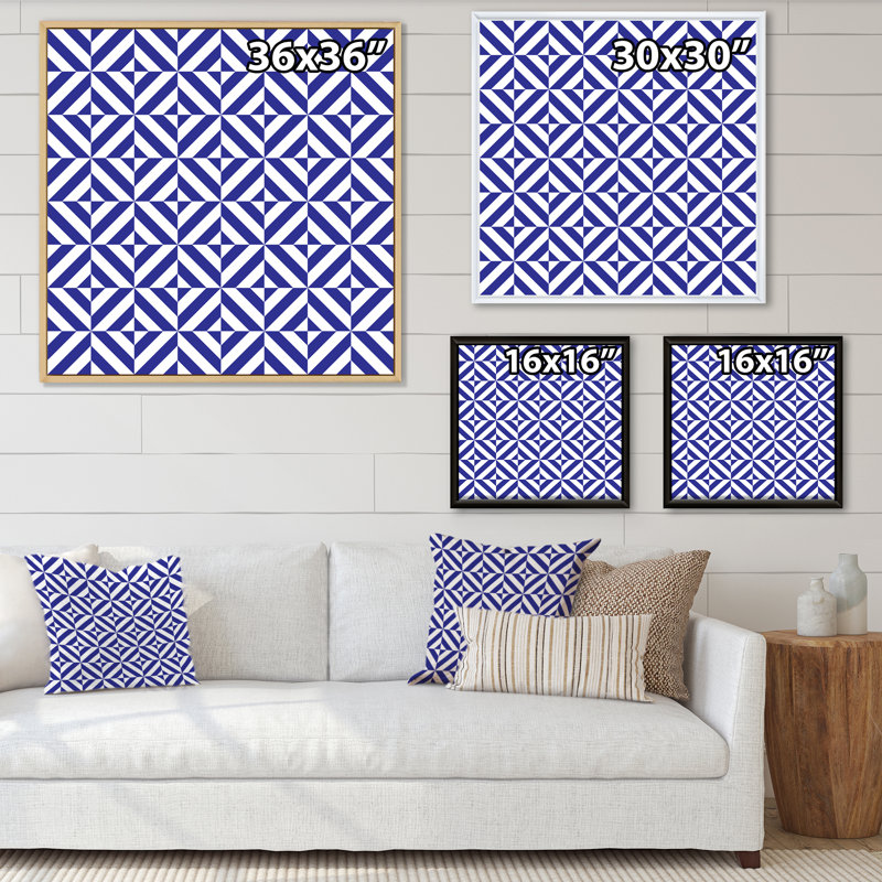 «Blue and White Striped Geometrics», reproduction d'art sur toile à motifs, Cadre flottant blanc, H 16 po x l 16 po x P 1 po