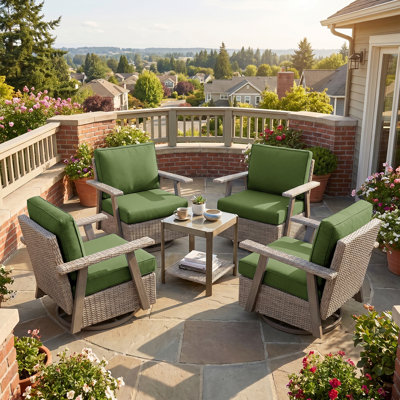 Ensemble de conversation à bascule pivotant 5 pièces avec table basse, fauteuil de patio en osier à 360 ° avec coussins, ensemble de sièges en métal toutes saisons pour porche, terrasse et cour arrière