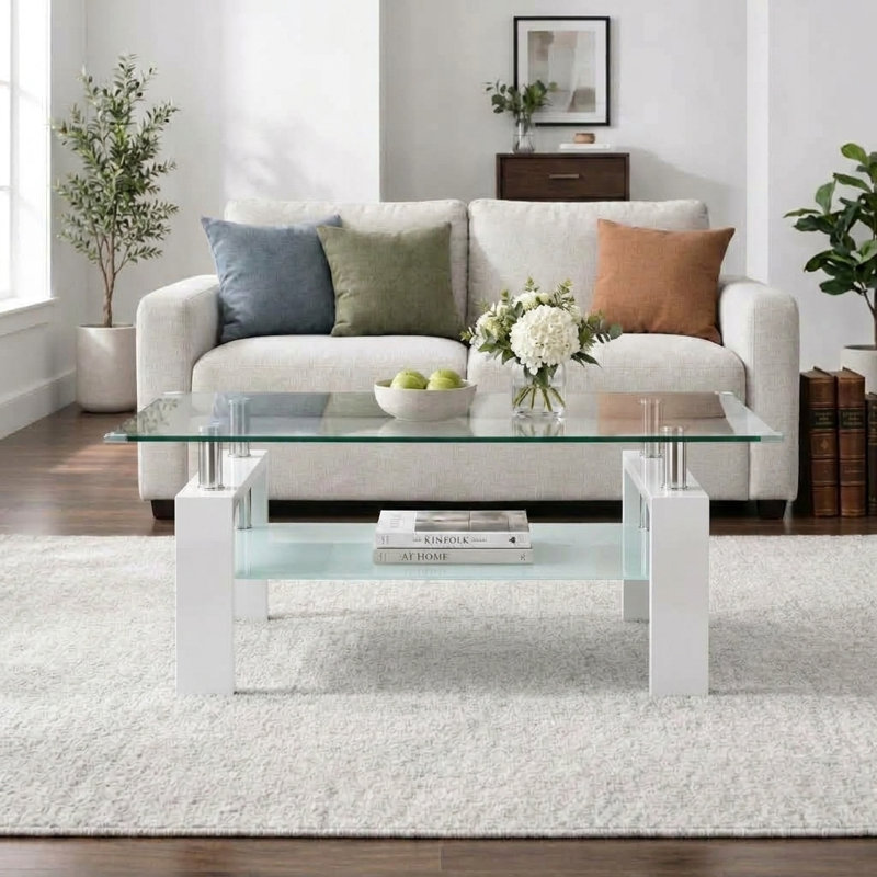 Ensemble de 2 tables basses modernes en verre, rangement à 2 niveaux, plateau en verre trempé, structure en métal, Blanc