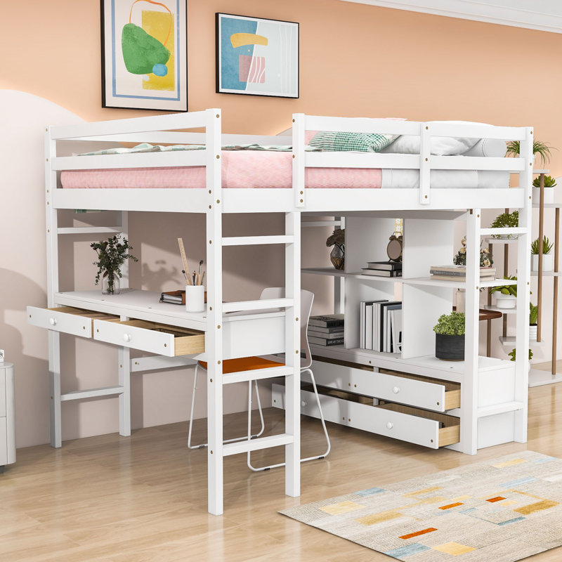 Gaetanina Kids Full Loft Bed with Drawers, White