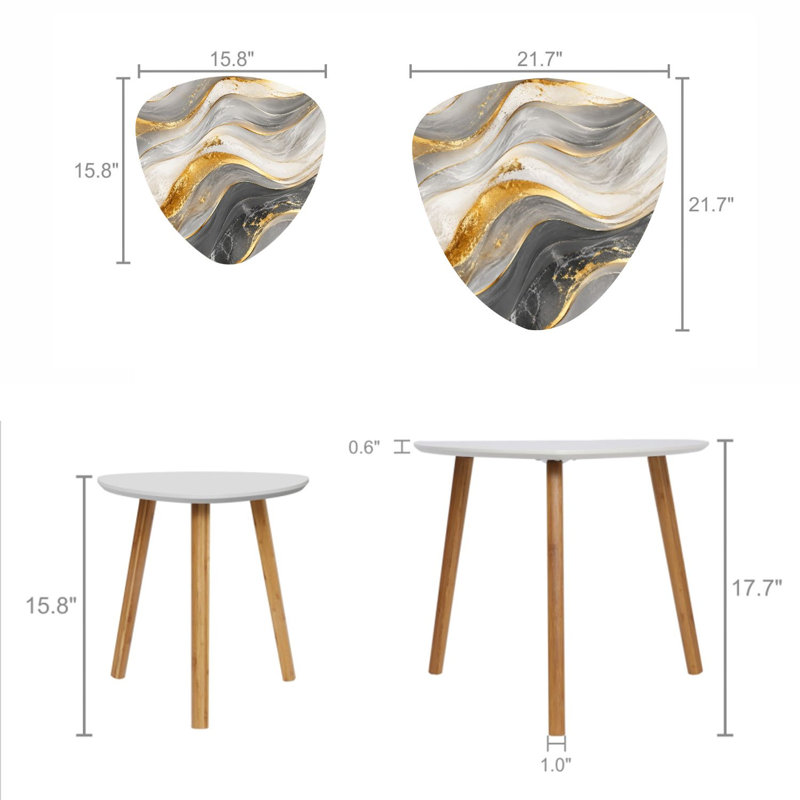Ensemble de 2 tables basses gigognes triangulaires en marbre aux accents dorés abstraits, table de bout moderne et minimaliste pour salon, chambre à coucher
