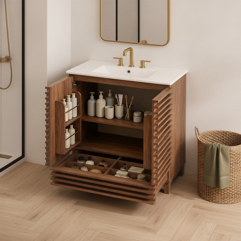 Meuble-lavabo de salle de bain en MDF de 76 cm (30 po) avec lavabo en céramique, meuble autoportant avec portes cannelées et rangement