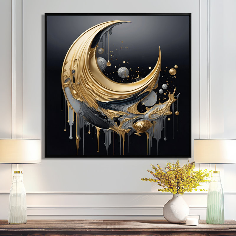 Nouvelle lune montante, noir doré - impression d'art géométrique murale, Toile avec cadre flottant brun