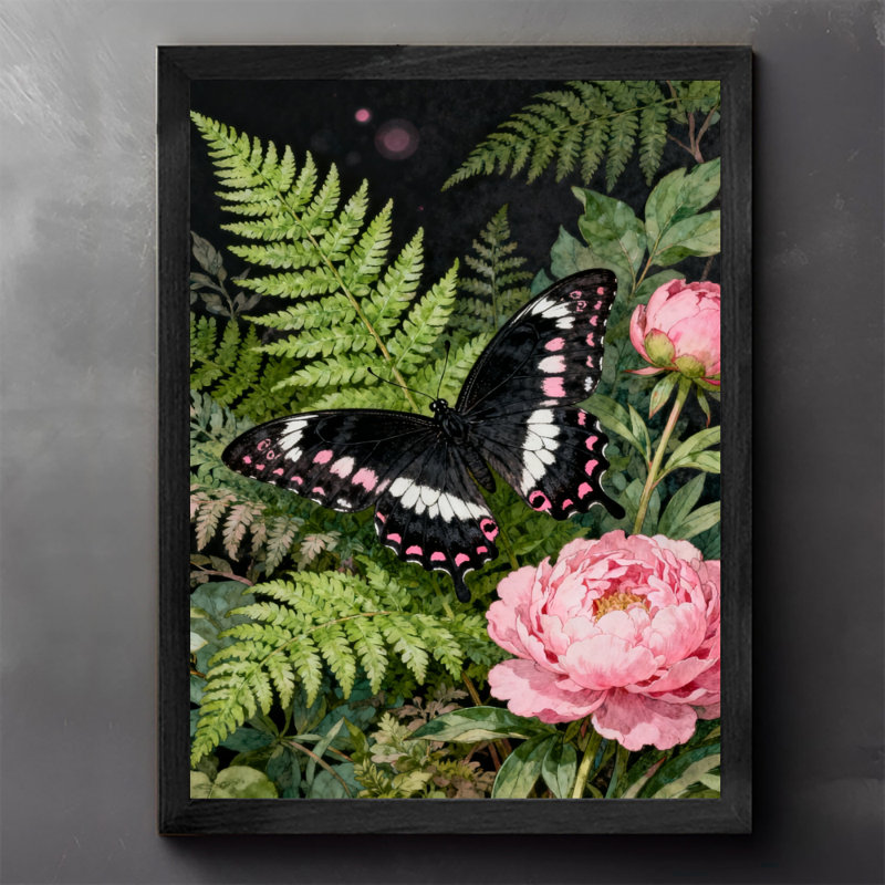 Reproduction d'art encadré noir avec papillons rétro dansant parmi les fleurs et les plantes, H 11 po x l 9 po