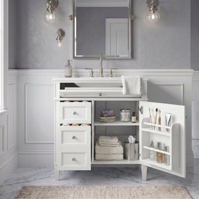 30'' White Bathroom Vanity with Top Sink, Modern Single Sink Bathroom Vanity Cabinet with 2 Drawers & Tip-out Drawer