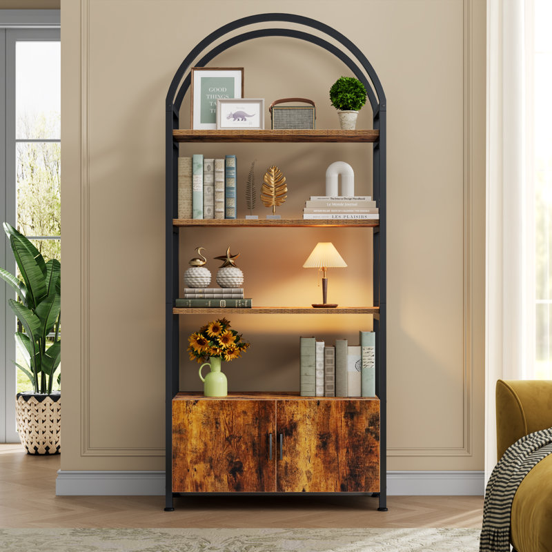 Rone Gold Bookshelf Arched Bookcase With Doors Hidden Storage Luxury Sideboard, Black/Brown