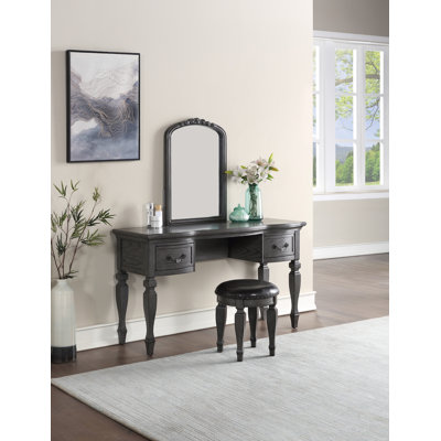 Ensemble de coiffeuse classique en bois - miroir sculpté, tiroirs et tabouret clouté (gris antique)