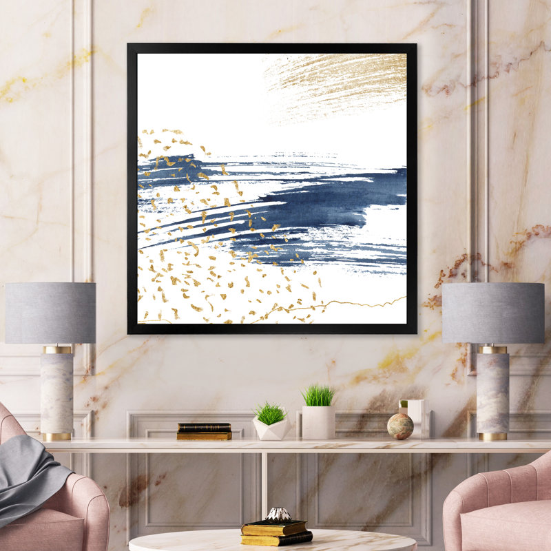 «Dark Blue and Gold Abstract I», peinture sur toile encadrée, Toile avec cadre noir, H 36 po x l 36 po x 1,5 po