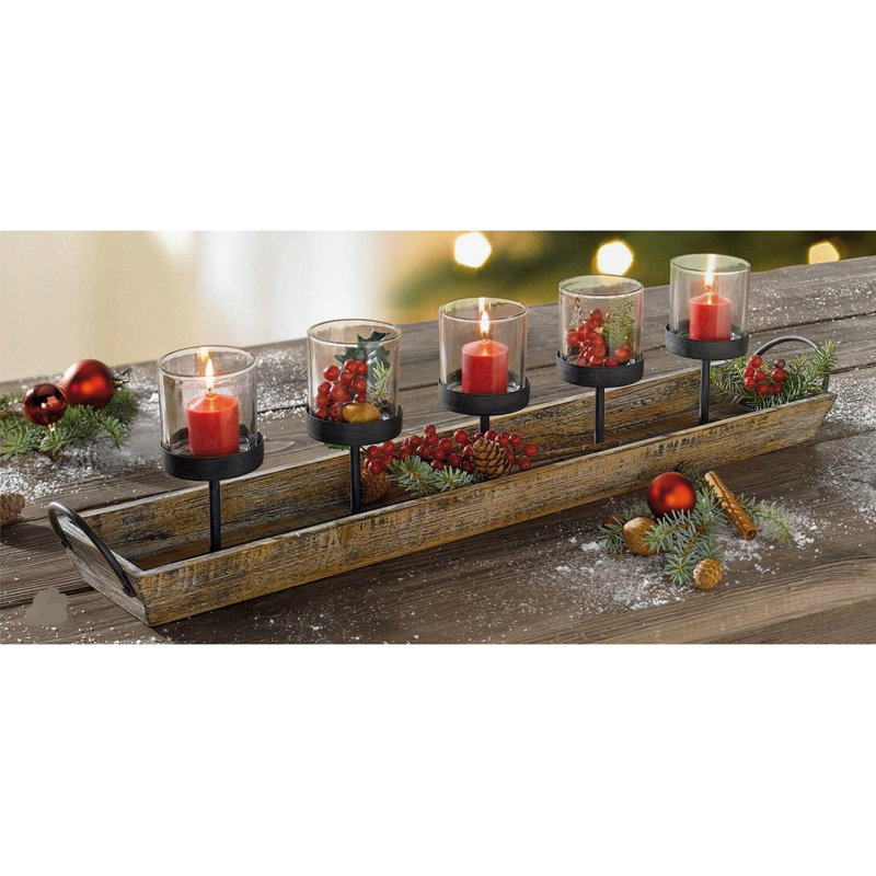5-Pillar Candelabra Centerpiece with Glass Cups and Rustic Wood Tray