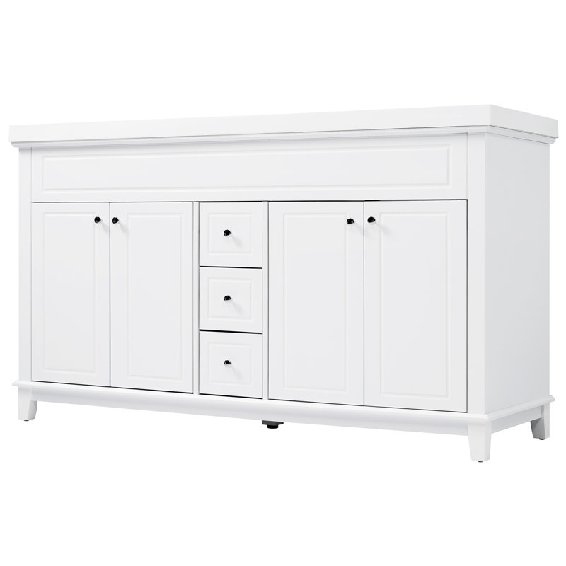 Meuble-lavabo 60 po avec lavabo double en résine, 3 tiroirs et 4 portes (2 avec tablettes doubles), pieds en bois massif, fermeture en douceur