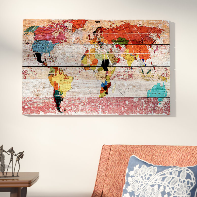 Reproduction d'art sur toile tendue mappemonde, H 18 po x l 26 po x p 1,5 po, Toile tendue, Pas de tapis