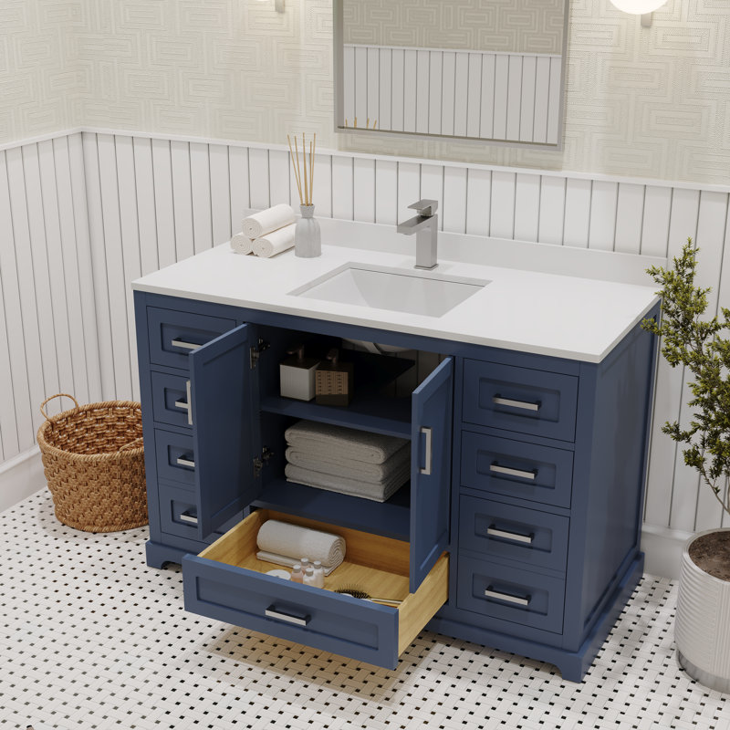 Ensemble de meuble-lavabo simple autoportant 48 po Maya avec plateau en quartz blanc Maya, Bleu marine