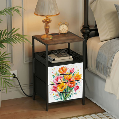 Table de chevet 2 tiroirs avec station de charge, table de chevet avec ports USB et amp; Table de chevet noire Outlets