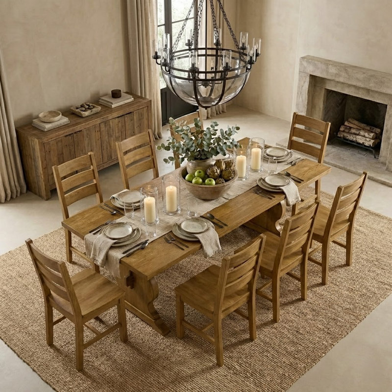 Almeda Traditional 70.8" Rectangular Dining Table Set, 9 Pieces: Table, 8 Chairs, Light Yellow Wood
