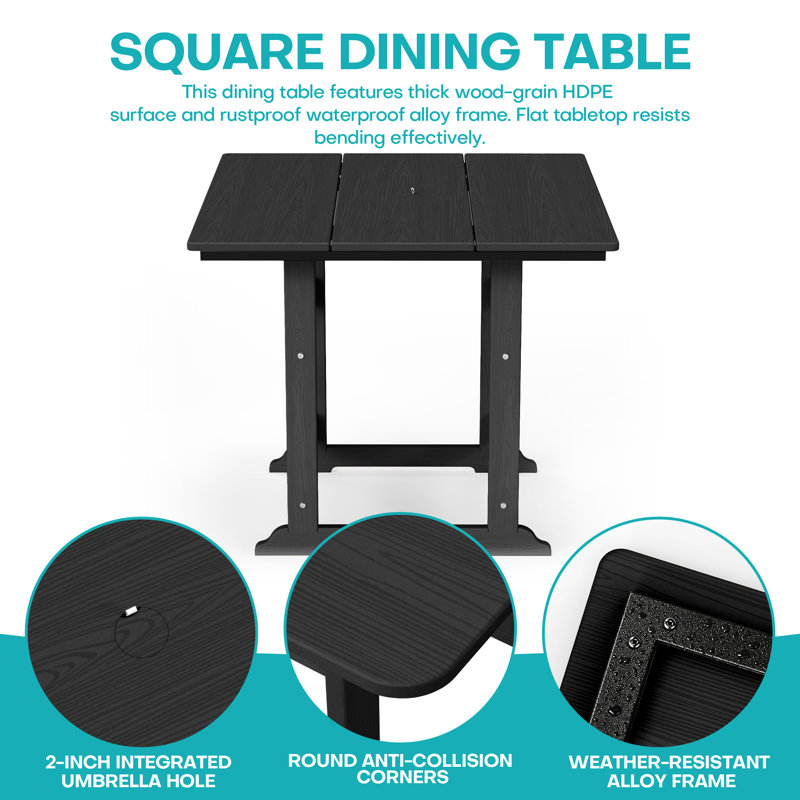 Table de salle à manger 34 po carrée avec trou pour parasol, Black