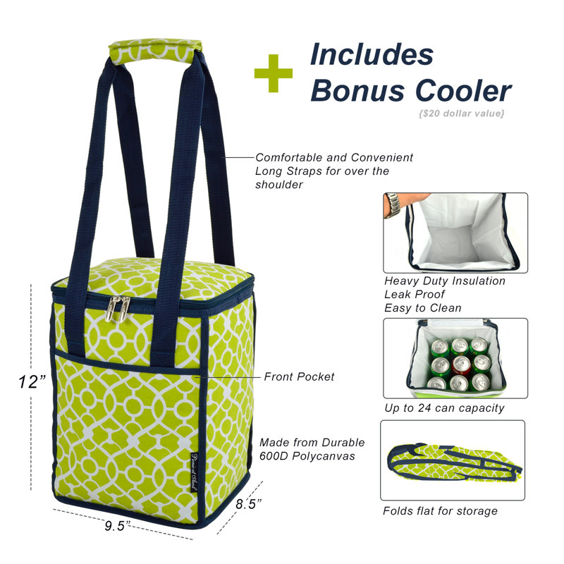 Green Insulated Picnic Tote Bag with Leak Proof Lining