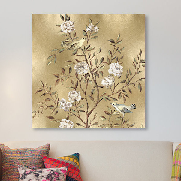 «Chinoiserie in Gold I», reproduction d'art sur toile, H 26 po x l 26 po x P 1,5 po, Toile avec cadre noir, Pas de tapis