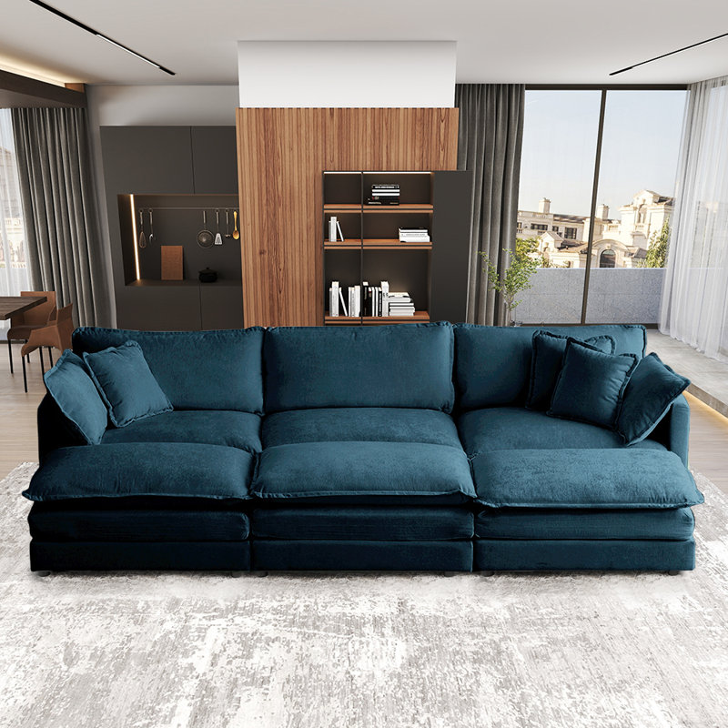 111.5" Sleeper Modular Sectional Sofa With Movable Ottomans, Black Chenille