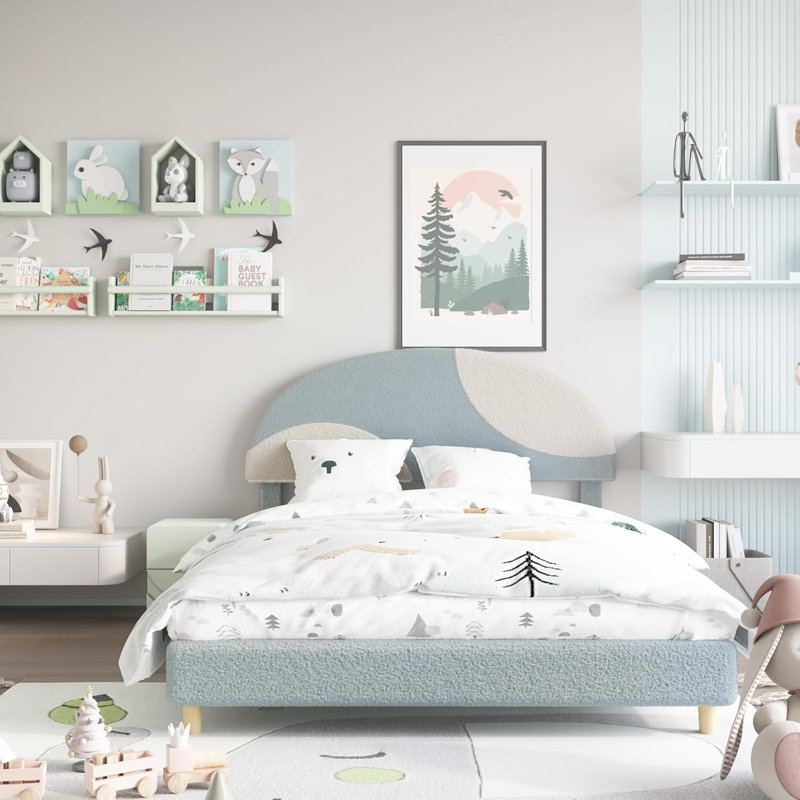 Full Boucle Bed Frame with Blue/White Arch Headboard, Kids Slat Platform, Easy Assembly, Blue, Full