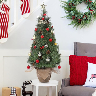 3ft Pre-Lit Small Christmas Tree, Mini Christmas Tree with 78 Led Lights Cloth Bag Base & Pine Cones & Red Berries,Xmas Decorations for Fireplace,Tabletop, Home Decor Indoor