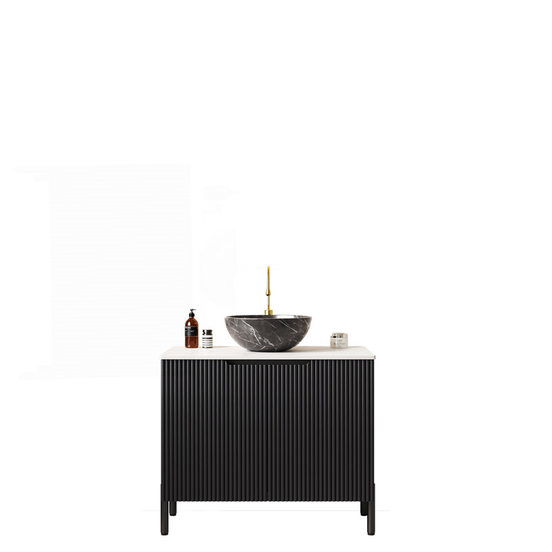 Meuble-lavabo de salle de bain 30 po avec lavabo, meuble de rangement autoportant avec 2 portes, lavabo en céramique avec motif en pierre et comptoir en pierre frittée blanc de Carrare, sans robinet, couleur noire