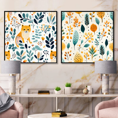 Aquarelle ludique, animaux, botanique, animaux, ensemble de 2 carrés